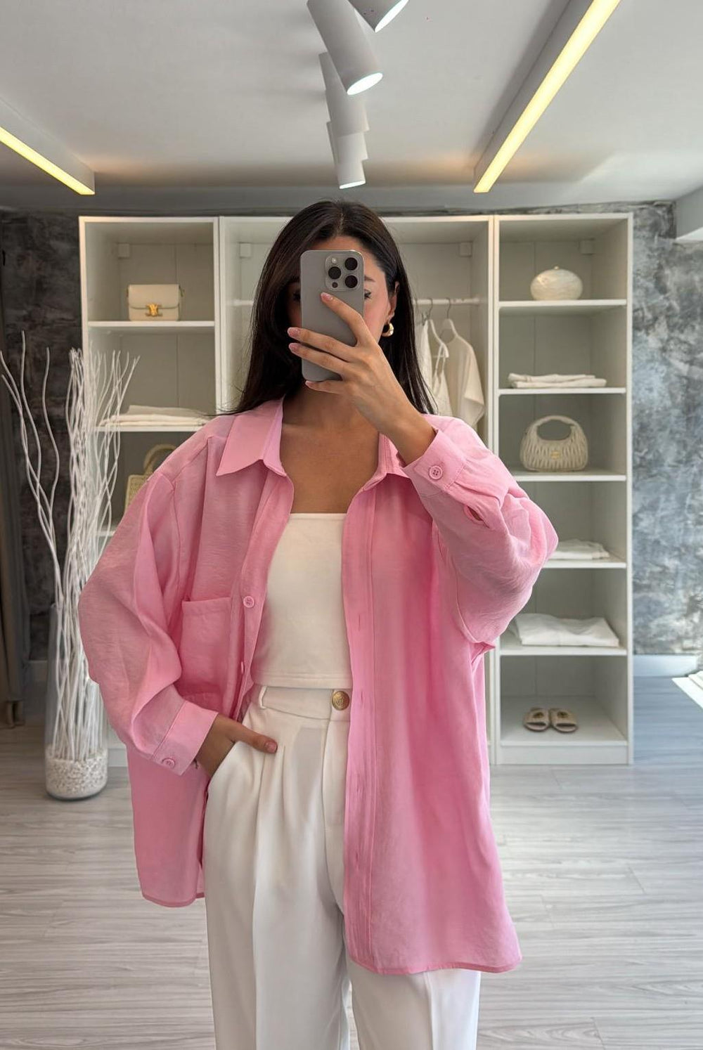 ŞEKER PEMBE OVERSIZE TENSEL GÖMLEK