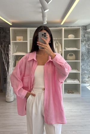 ŞEKER PEMBE OVERSIZE TENSEL GÖMLEK