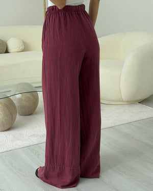 BORDO PAÇA DETAYLI KETEN PANTOLON
