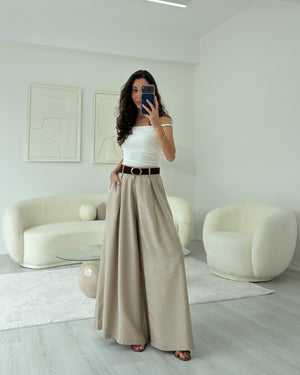 BEJ KEMERLİ ETEK PANTOLON