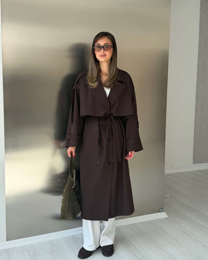KAHVERENGİ OVERSIZE UZUN TRENÇKOT - 1142