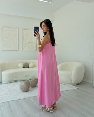 PEMBE ASKILI MAXİ SALAŞ ELBİSE