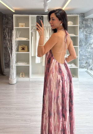 HALTER YAKA DESENLİ MAXİ ELBİSE
