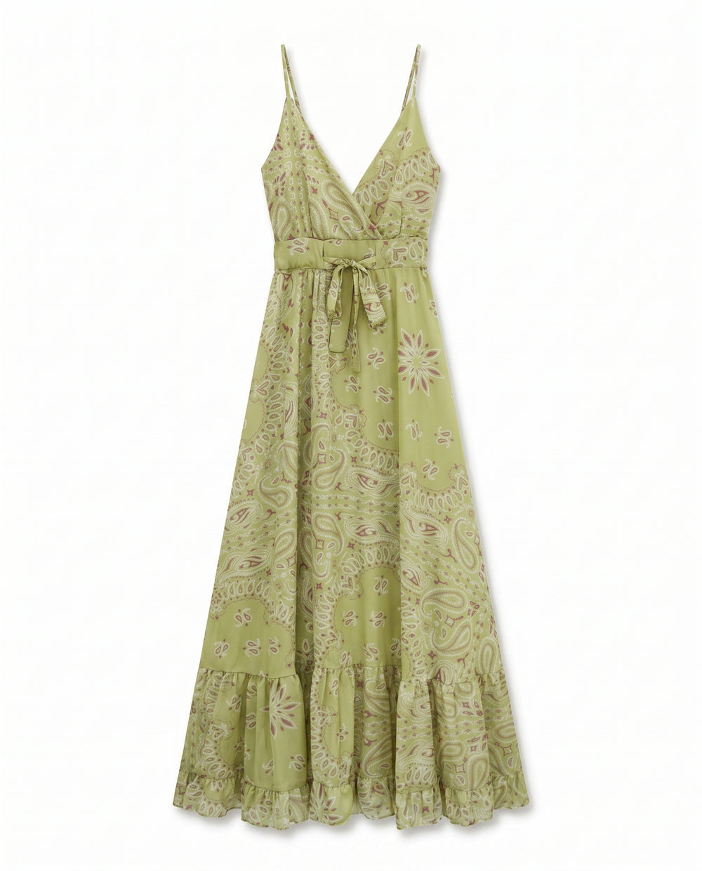 YAĞ YEŞİLİ DESENLİ SATEN ELBİSE