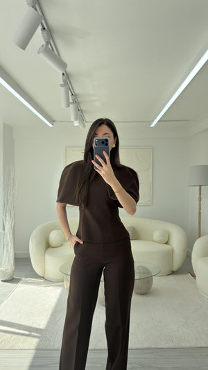 KAHVE PELERİN DETAYLI TAKIM