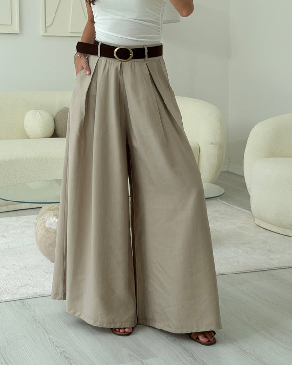 BEJ KEMERLİ ETEK PANTOLON