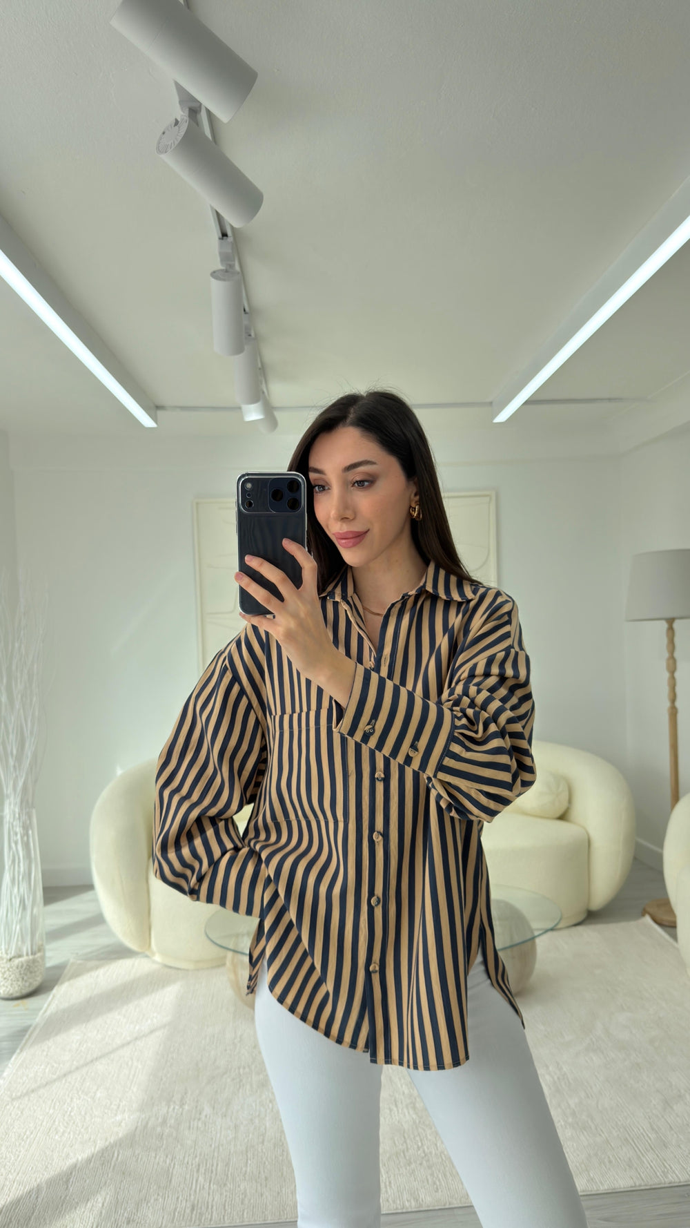 CAMEL LACİVERT ÇİZGİLİ GÖMLEK