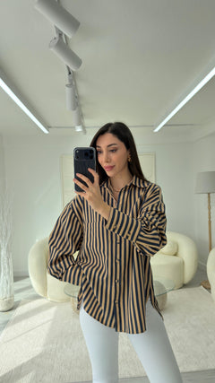 CAMEL LACİVERT ÇİZGİLİ GÖMLEK