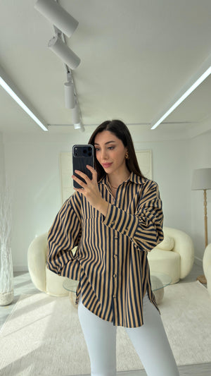 CAMEL LACİVERT ÇİZGİLİ GÖMLEK