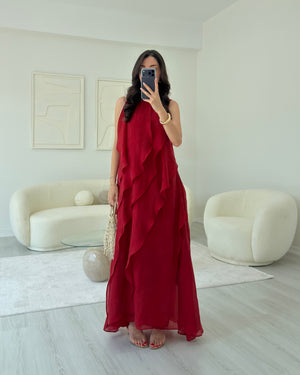 KIRMIZI FIRFIRLI MAXİ ELBİSE