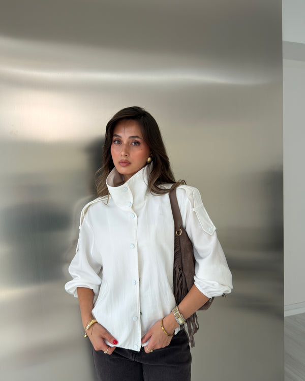 BEYAZ DİK YAKA TENSEL CEKET