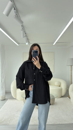 SİYAH NEXO OVERSIZE ÇİZGİLİ GÖMLEK