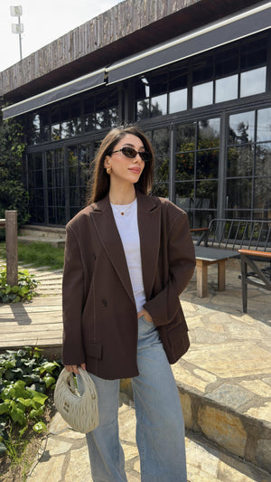 KAHVE DİKİŞ DETAYLI KRUVAZE CEKET