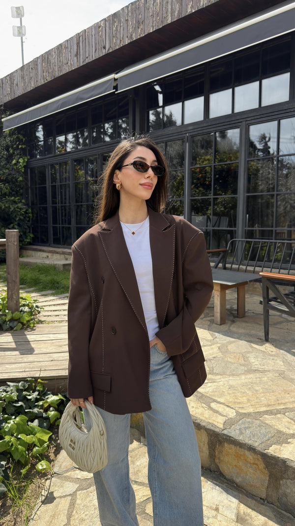 KAHVE DİKİŞ DETAYLI KRUVAZE CEKET