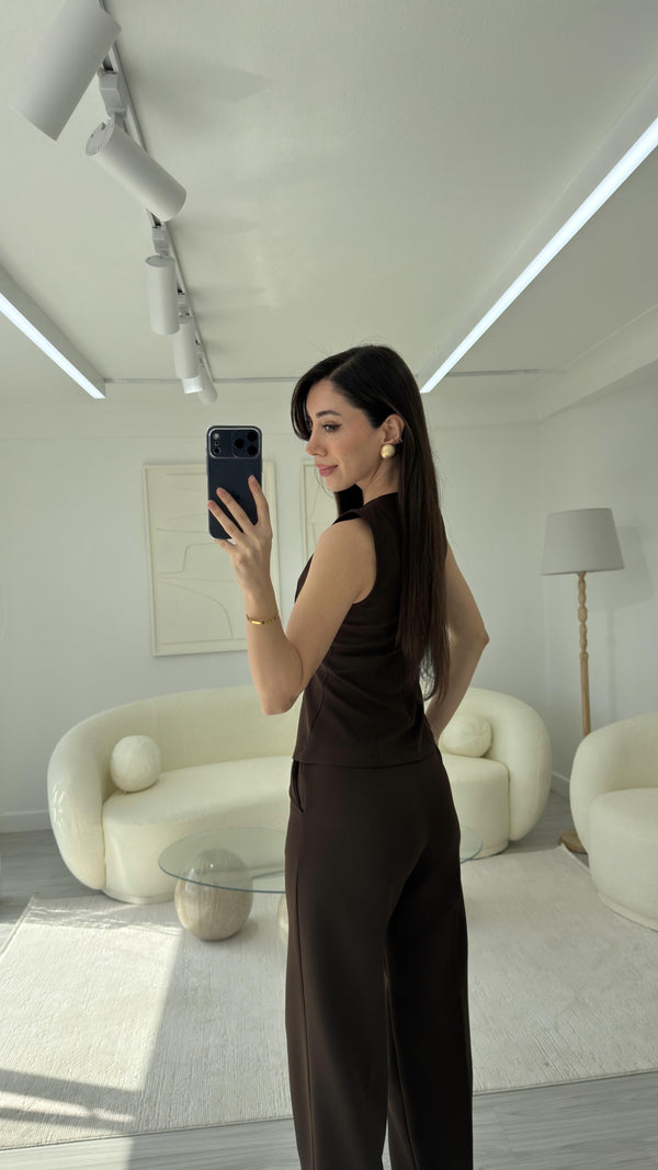 KAHVE PELERİN DETAYLI TAKIM
