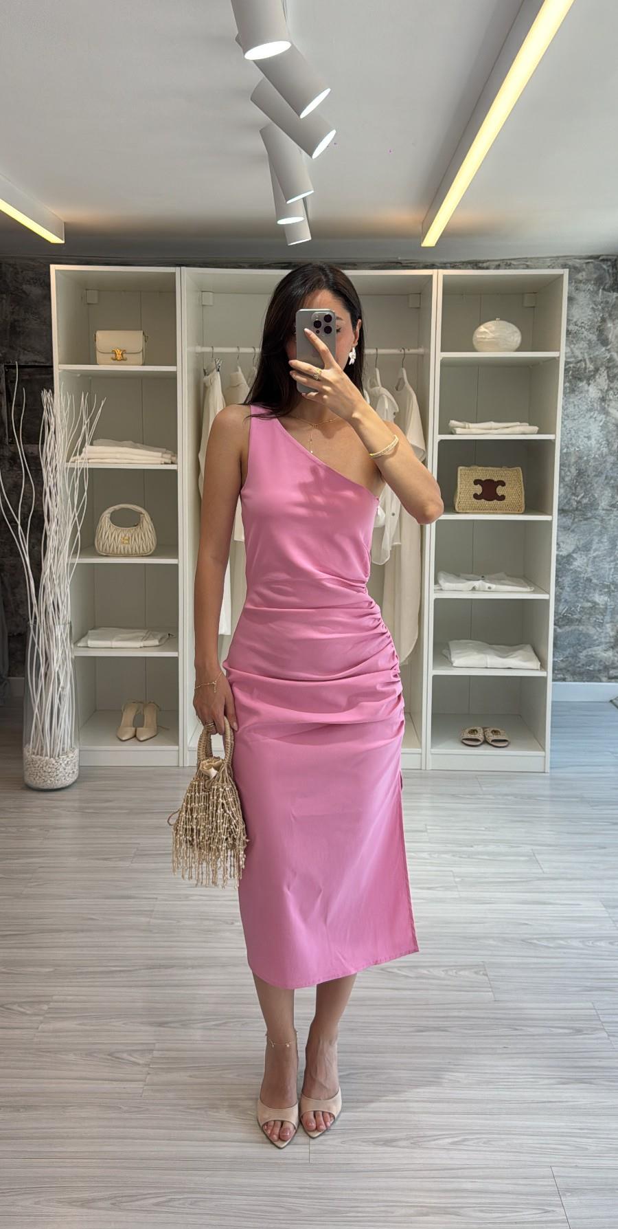 PEMBE TEK OMUZ ELBİSE