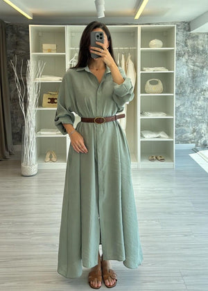 ÇAĞLA YEŞİLİ KEMERLİ GÖMLEK ELBİSE