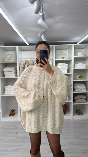 EKRU OVERSIZE SİMLİ KAZAK