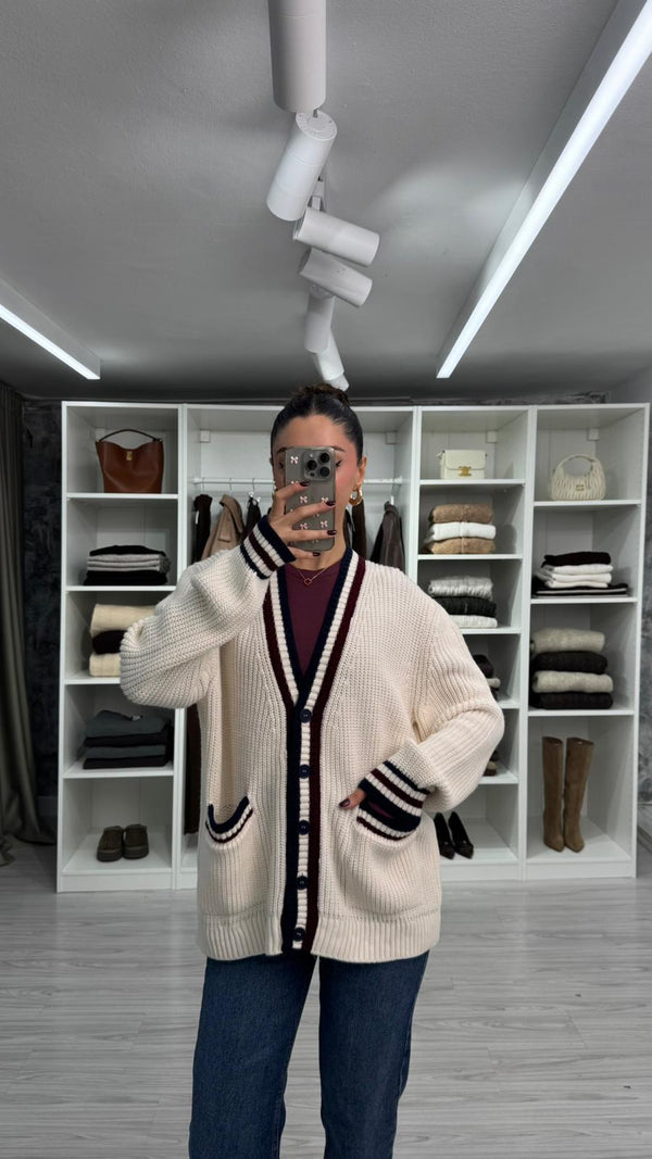 KREM ŞERİT DETAYLI TRİKO HIRKA