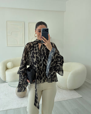 SİYAH LEOPAR DESENLİ ŞİFON BLUZ