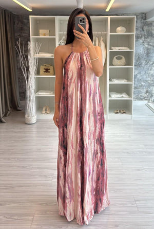 HALTER YAKA DESENLİ MAXİ ELBİSE