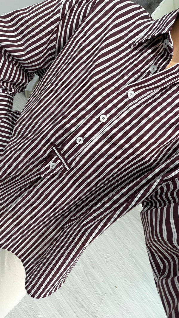 BORDO ALEN ÇİZGİLİ POPLİN GÖMLEK