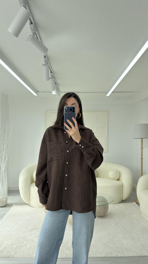 KAHVERENGİ NEXO OVERSIZE ÇİZGİLİ GÖMLEK