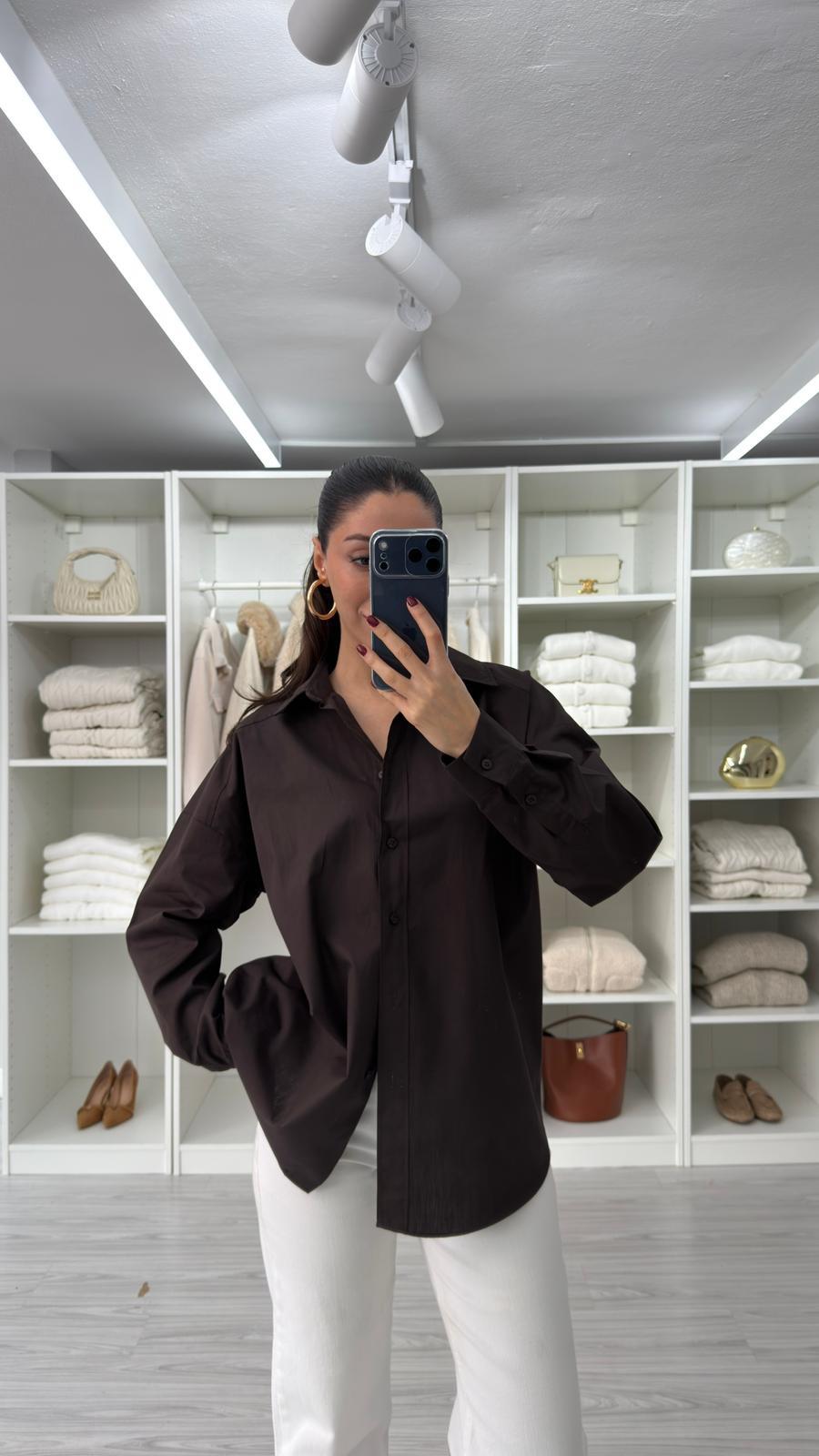 KAHVERENGİ ASTRE OVERSIZE POPLİN GÖMLEK
