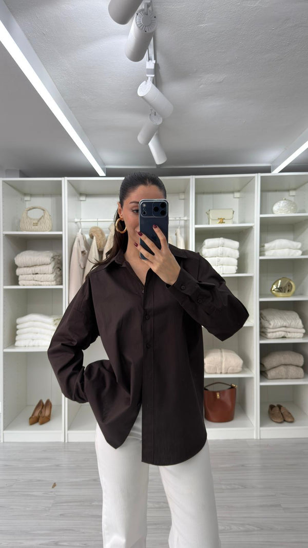 KAHVERENGİ ASTRE OVERSIZE POPLİN GÖMLEK