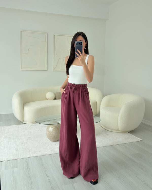 BORDO PAÇA DETAYLI KETEN PANTOLON