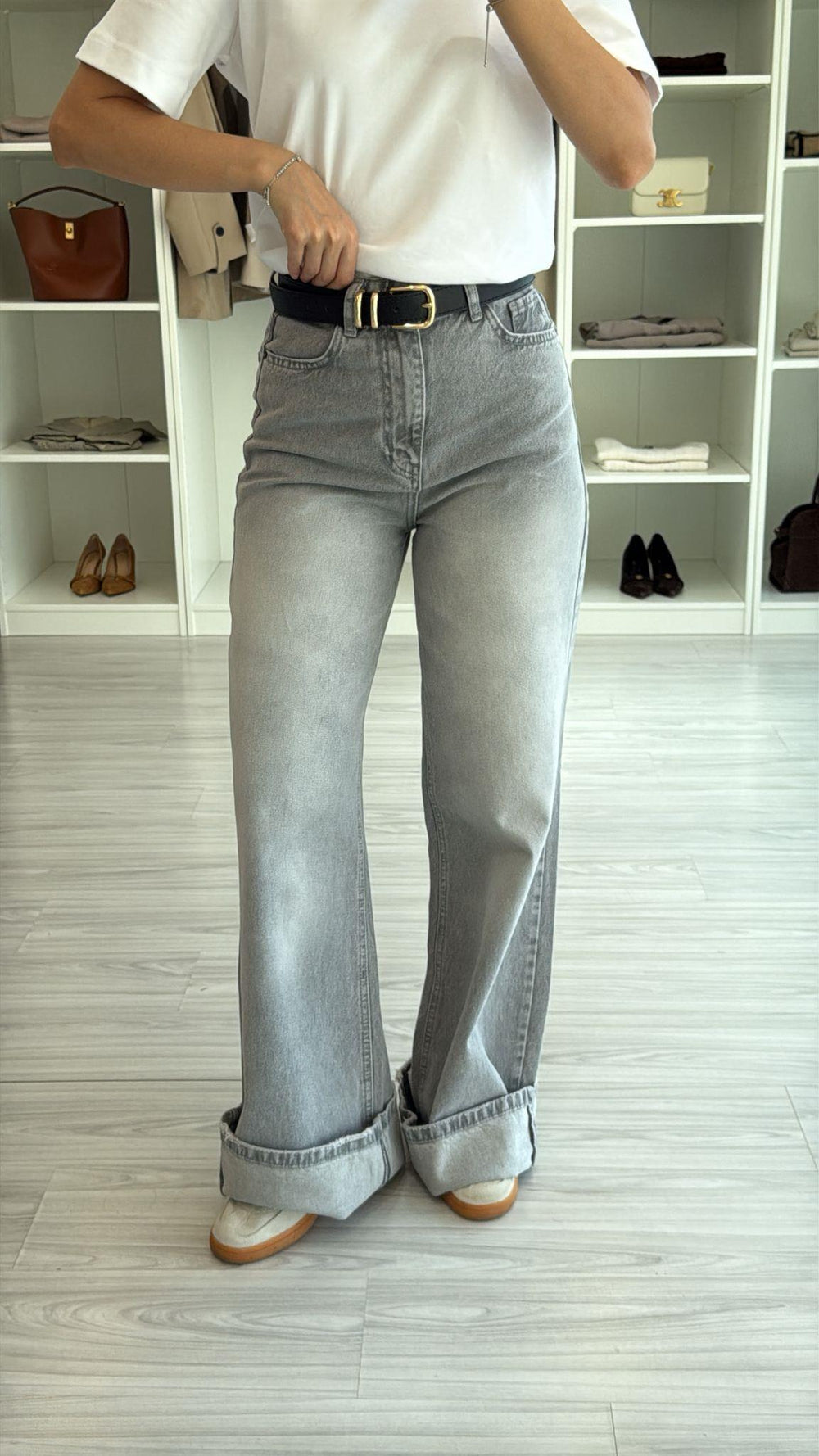 GRİ KEMERLİ WIDE LEG JEAN