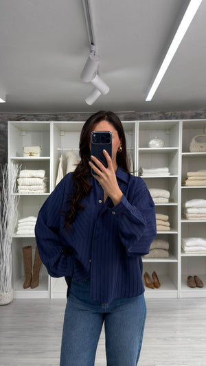 LACİVERT SOFİA ÇİZGİLİ OVERSİZE GÖMLEK