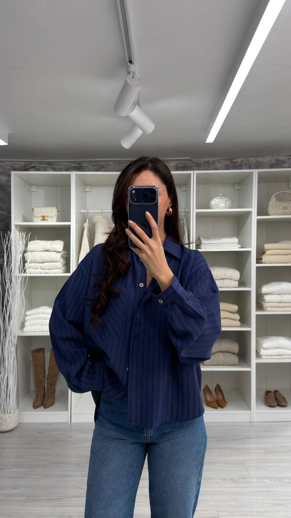 LACİVERT SOFİA ÇİZGİLİ OVERSİZE GÖMLEK