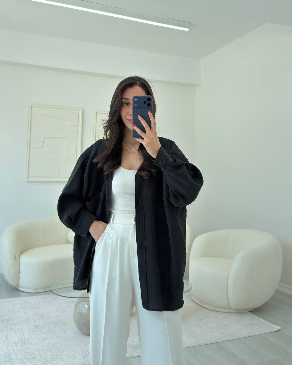 SİYAH OVERSIZE TENSEL GÖMLEK