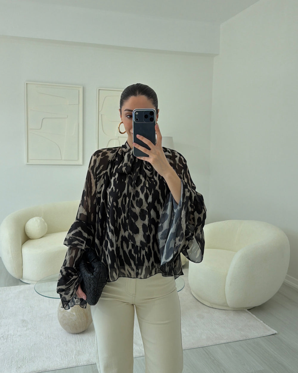 SİYAH LEOPAR DESENLİ ŞİFON BLUZ