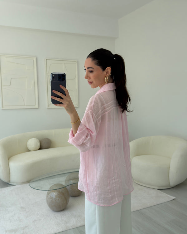 PEMBE TRANSPARAN KENDİNDEN DESENLİ GÖMLEK