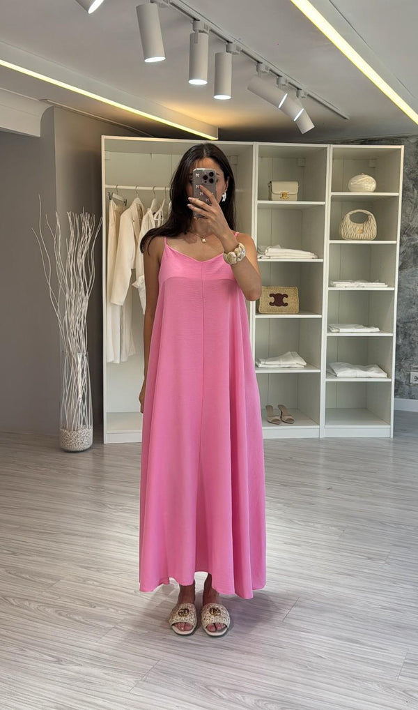 PEMBE İPEKSİ MAXİ SALAŞ ELBİSE
