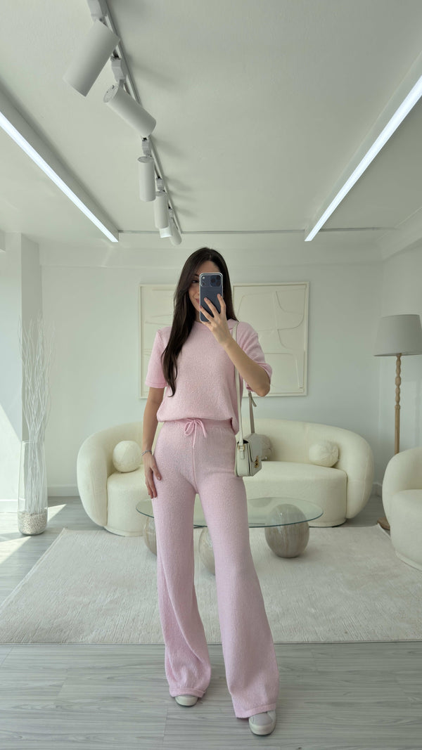 PEMBE KISA KOLLU ÖRME TAKIM