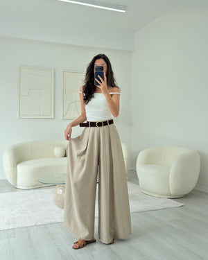 BEJ KEMERLİ ETEK PANTOLON