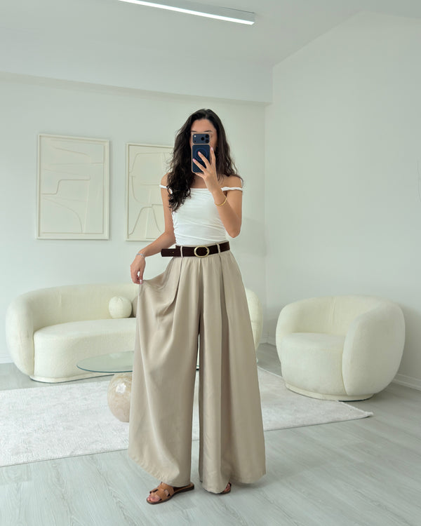 BEJ KEMERLİ ETEK PANTOLON