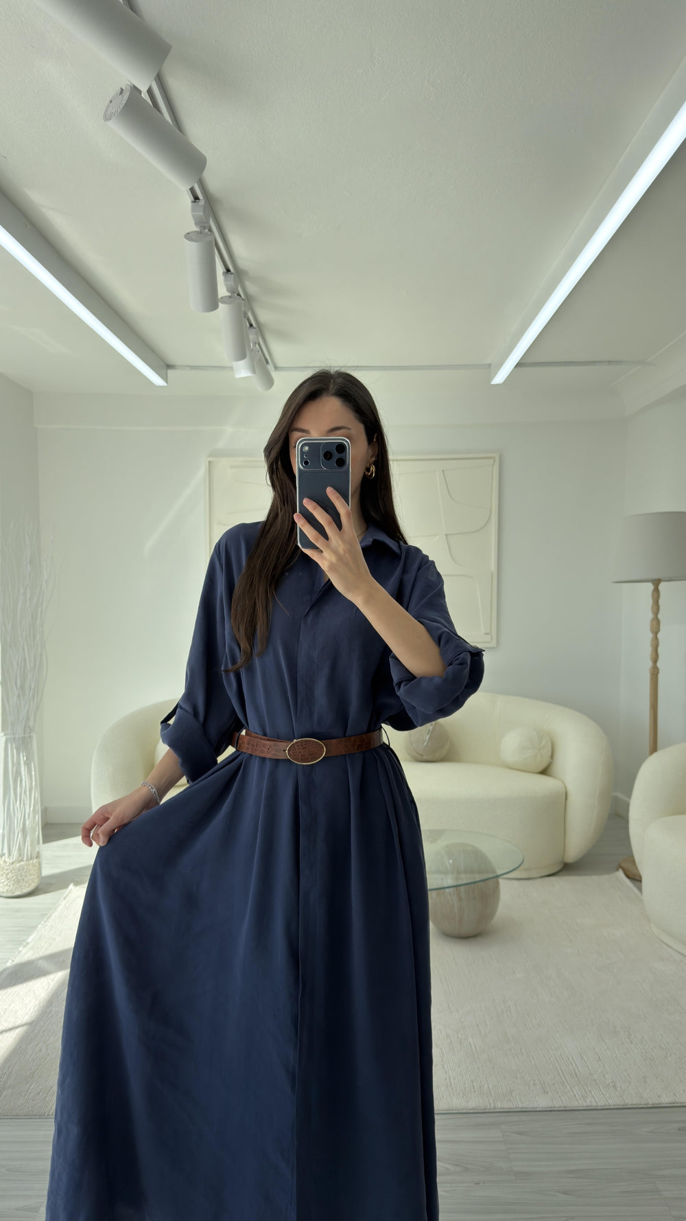 LACİVERT KEMERLİ GÖMLEK ELBİSE