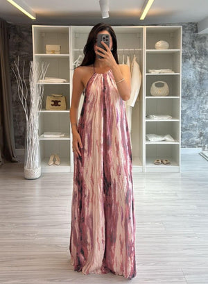 HALTER YAKA DESENLİ MAXİ ELBİSE