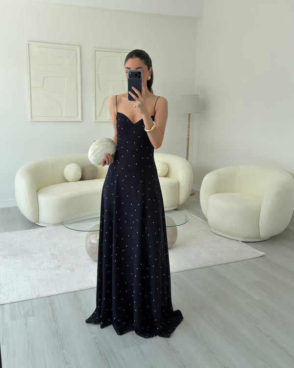 LACİVERT PUANTİYELİ MAXİ ELBİSE