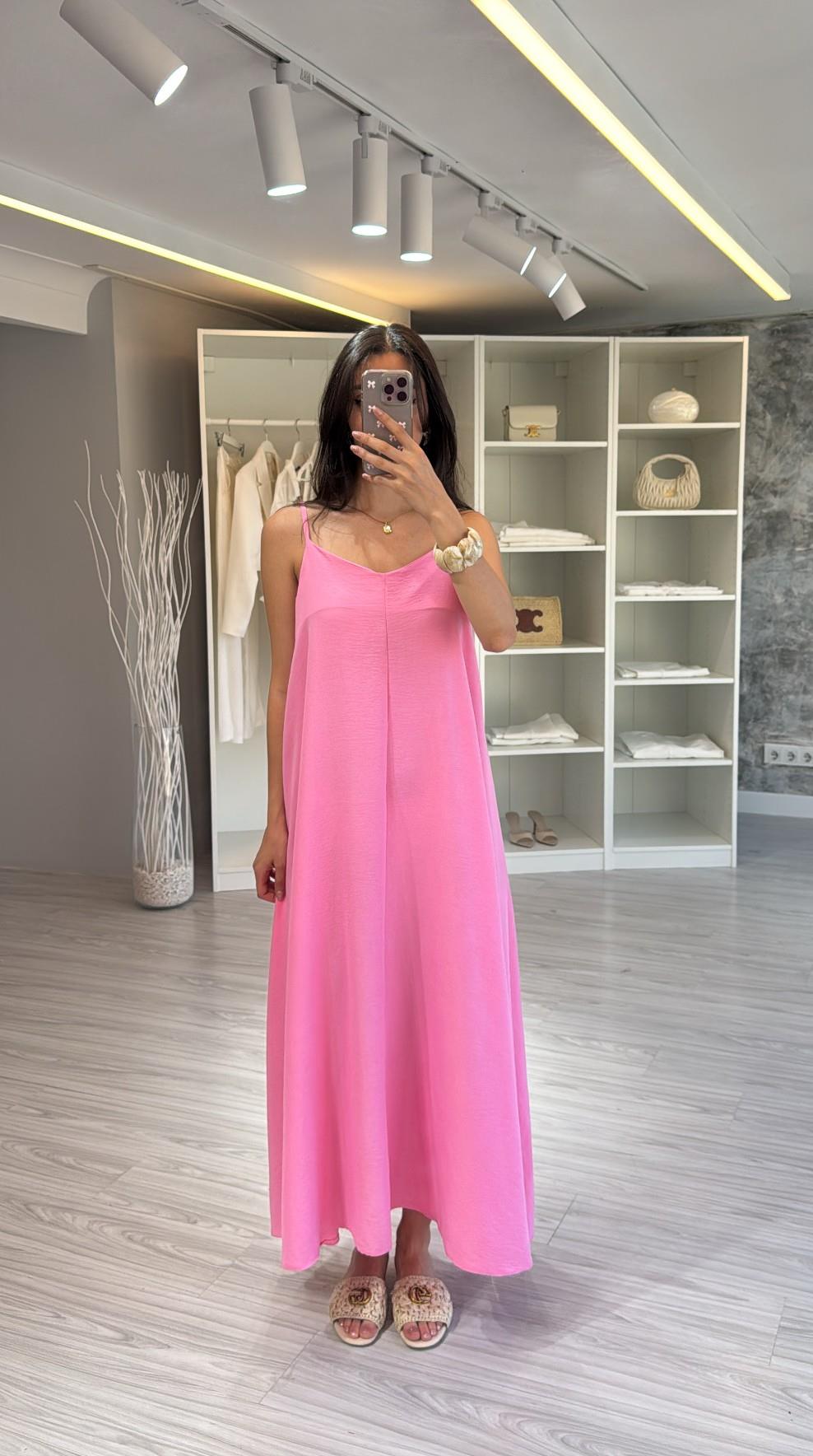 PEMBE İPEKSİ MAXİ SALAŞ ELBİSE