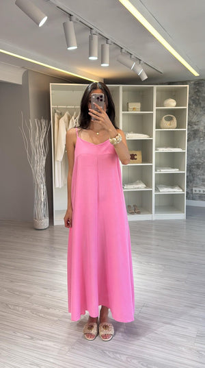 PEMBE İPEKSİ MAXİ SALAŞ ELBİSE