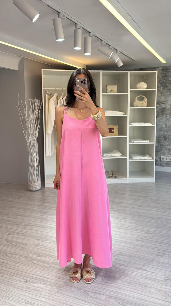 PEMBE İPEKSİ MAXİ SALAŞ ELBİSE