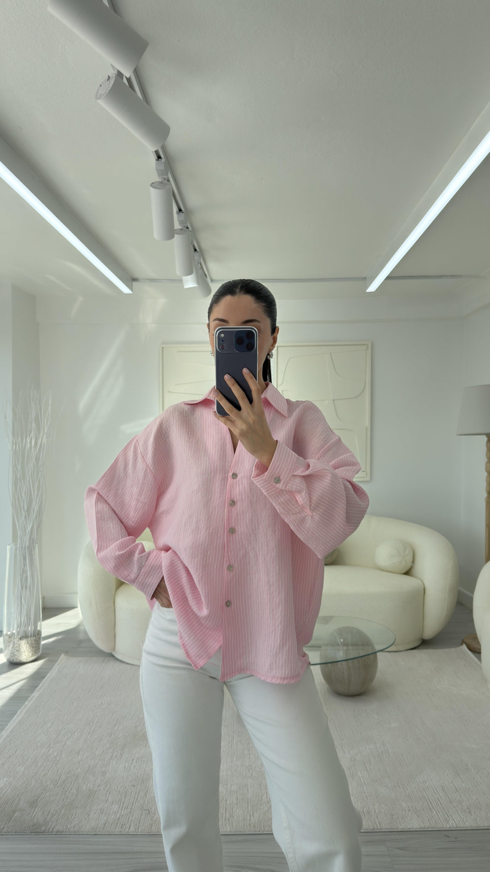 PEMBE ÇİZGİLİ OVERSİZE GÖMLEK