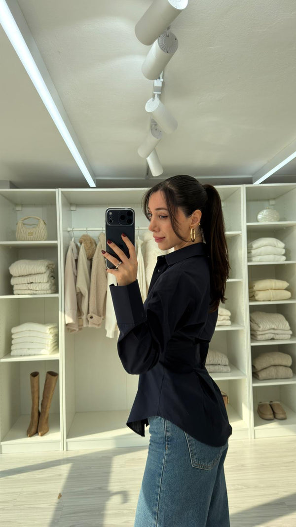 LACİVERT BELDEN OTURTMALI POPLİN GÖMLEK