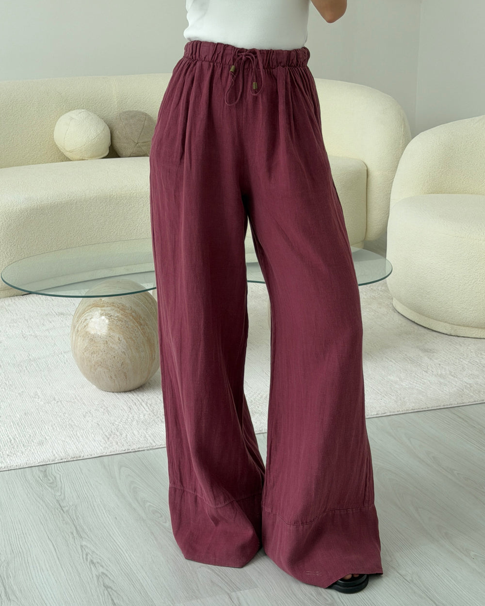 BORDO PAÇA DETAYLI KETEN PANTOLON