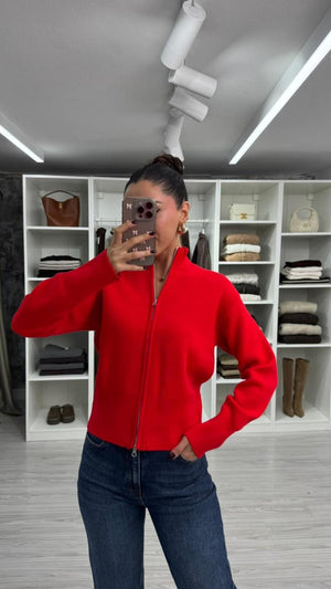 KIRMIZI ÇİFT FERMUARLI TRİKO HIRKA